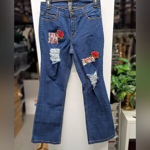 Women's Blue Jeans with Floral Patches